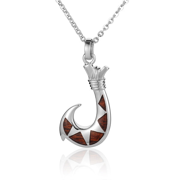 Small Solid Silver Fish Hook Hawaiian Koa Wood Inlaid Pendant (Chain S – Hanalei Jeweler Small Solid Silver Fish Hook Hawaiian Koa Wood Inlaid Pendant (Chain S – Hanalei Jeweler