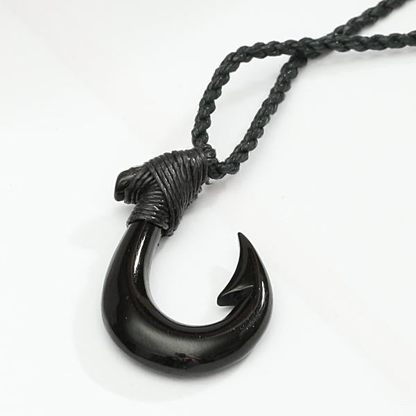 Black Bone Plain Fish Hook Necklace Black Cord 22x35mm