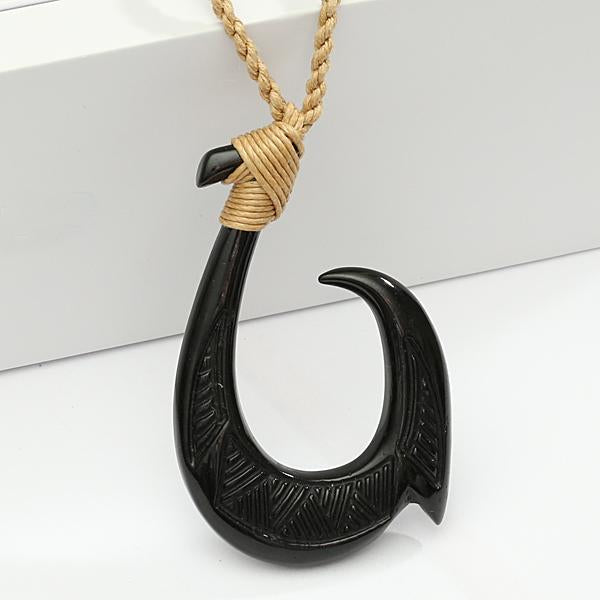 carving bone fish hooks Black Bone Fish Hook Necklace w/Carving Brown Cord 32x50mm