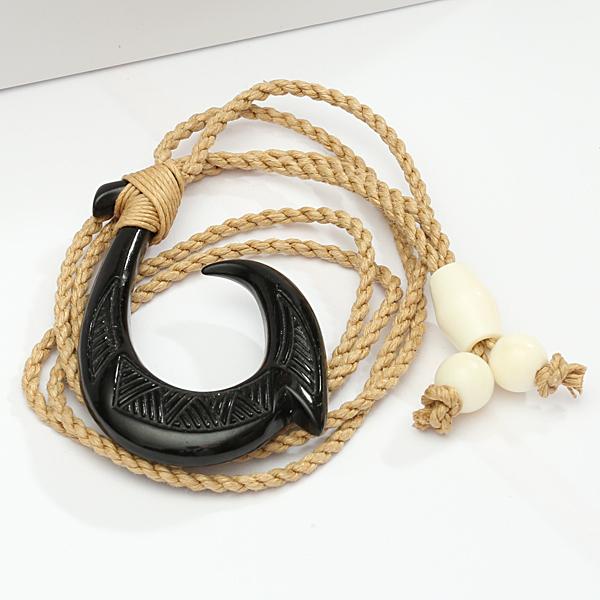 bone fish hook jewelry Black Bone Fish Hook Necklace w/Carving Brown Cord 32x50mm