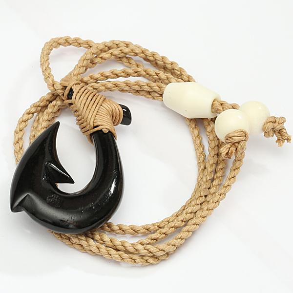 Black Bone Plain Fish Hook Necklace Brown Cord 25x45mm Black Bone Plain Fish Hook Necklace Brown Cord 25x45mm