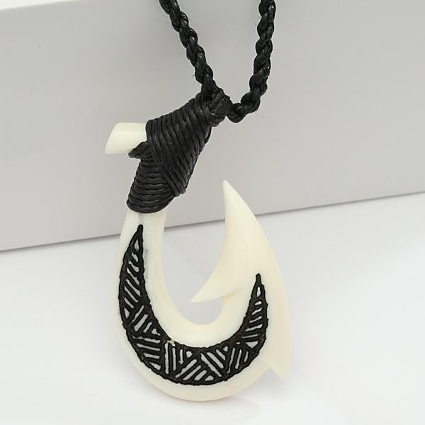Cow Bone Fish Hook Necklace w/Black Enamel Carving Black Cord