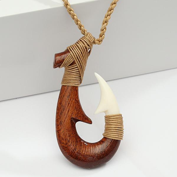 Clasic Style Koa Wood/Bone Fish Hook Necklace 28x52mm – Hanalei Jeweler