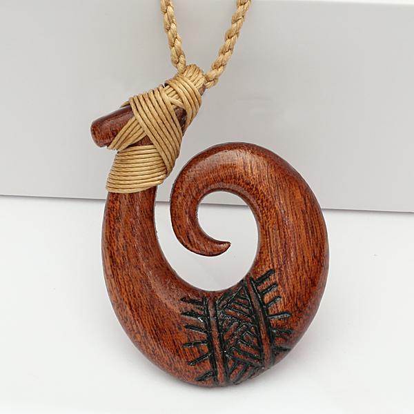 carved fish hook 37x50 Koa Wood Fish Hook Necklace with Black Carving