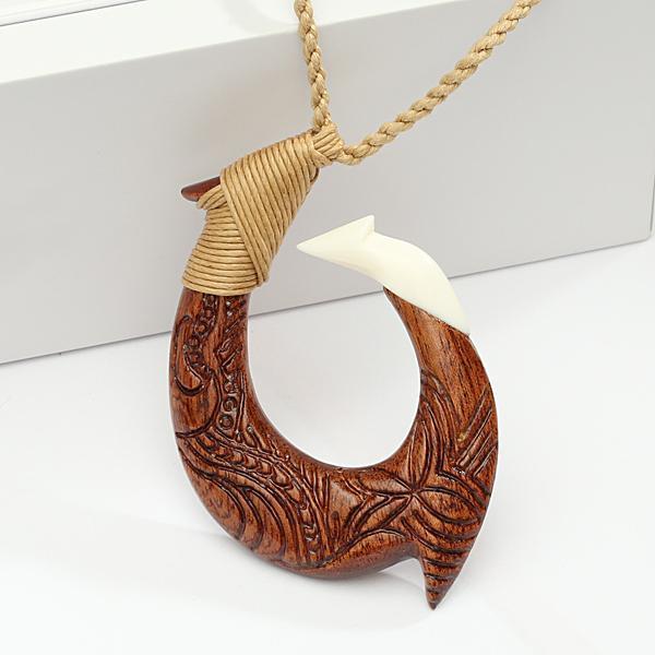 40x60mm Koa Wood/Cow Bone Fish Hook Necklace with Carving Brown Cord –  Hanalei Jeweler