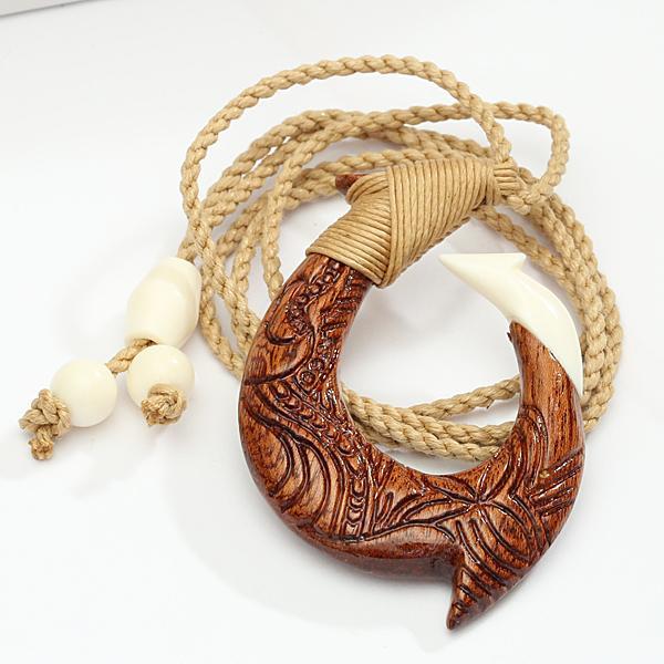 bone fish hook jewelry 40x60mm Koa Wood/Cow Bone Fish Hook Necklace with Carving Brown Cord
