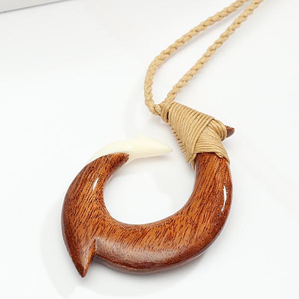 40x60mm Koa Wood/Cow Bone Fish Hook Necklace with Carving Brown