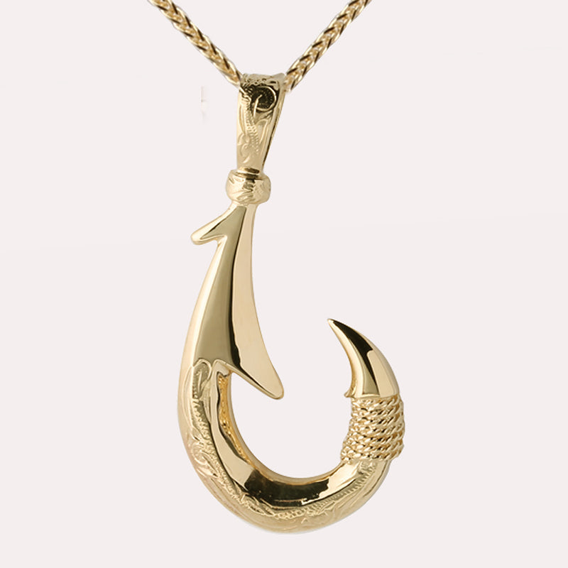 14K Yellow Gold Fish Hook Pendant w/Scroll Engraving