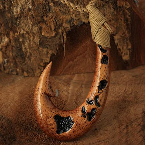 Koa Wood with Hawaii Island Map Carving Fish Hook Necklace – Hanalei Jeweler