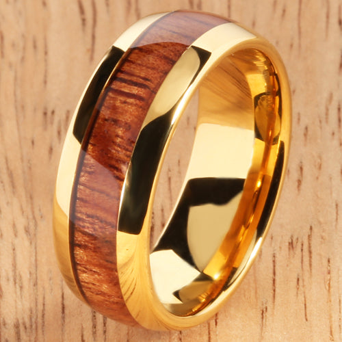 Yellow Gold Tungsten Natural Hawaiian Koa Wood Inlay Mens Wedding Ring Dome Shape 8mm Hawaiian Ring