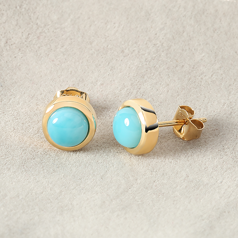 14K Yellow Gold Larimar Inlaid Post Earrings