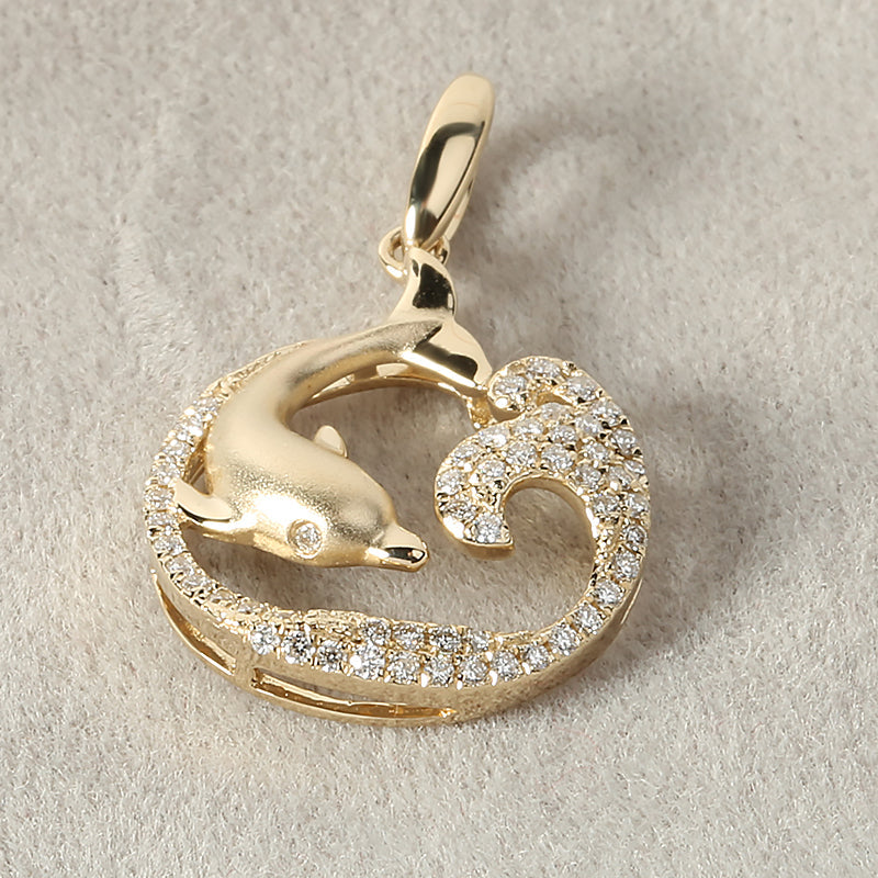 14K Yellow Gold Brushed Diving Dolphin on Wave with 0.25ct Diamonds Pendant (Chain Sold Separately)