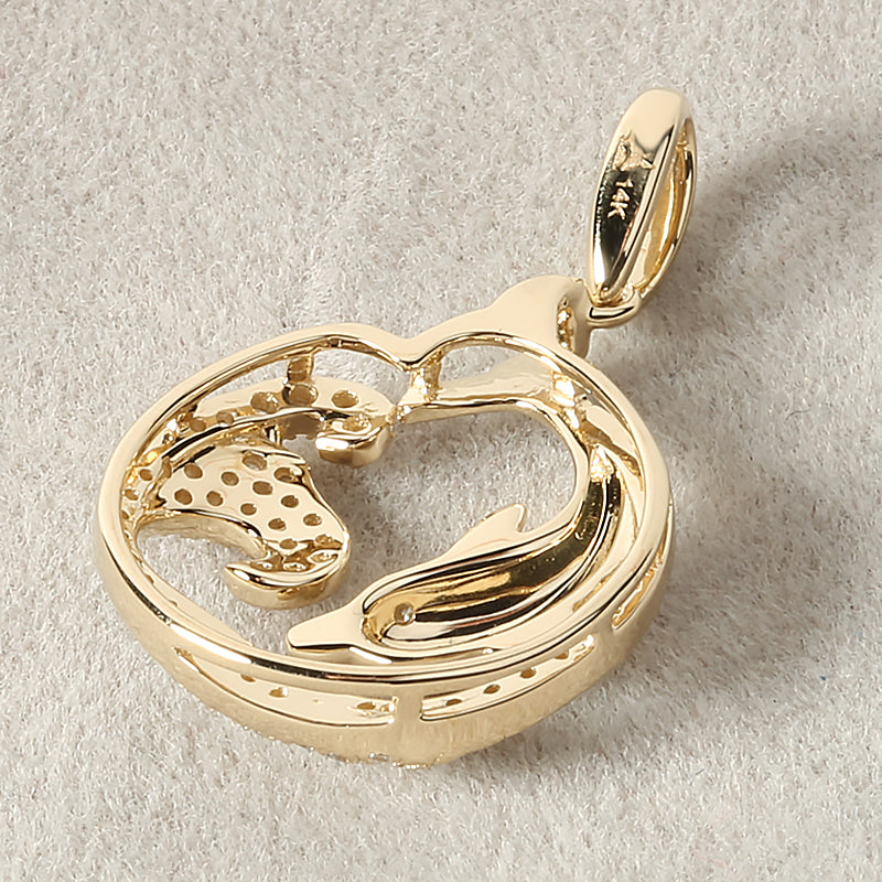 14K Yellow Gold Brushed Diving Dolphin on Wave with 0.25ct Diamonds Pendant (Chain Sold Separately)