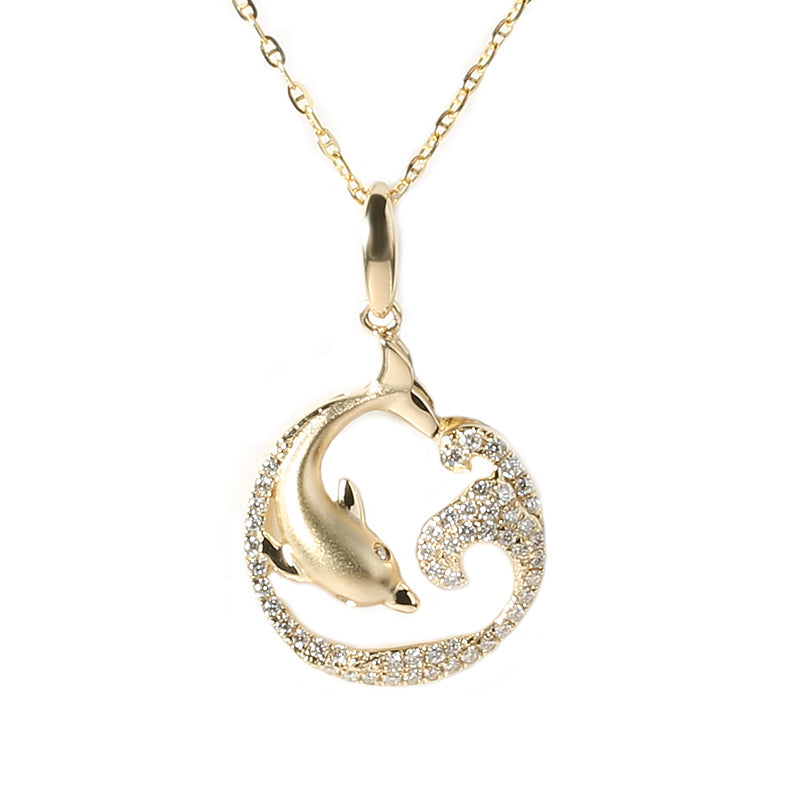 14K Yellow Gold Brushed Diving Dolphin on Wave with 0.25ct Diamonds Pendant (Chain Sold Separately)