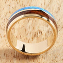 14K Yellow Gold Natural Hawaiian Koa Wood and Opal Inlay Wedding Ring 8mm