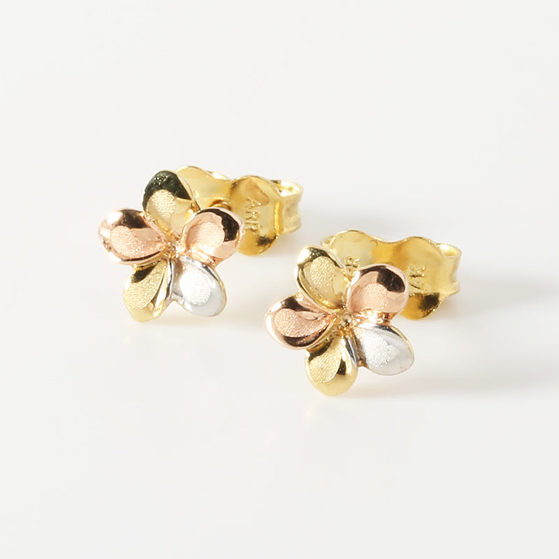 14K Tri-Color Gold Plumeria Post Earrings (6.5-15.5mm)