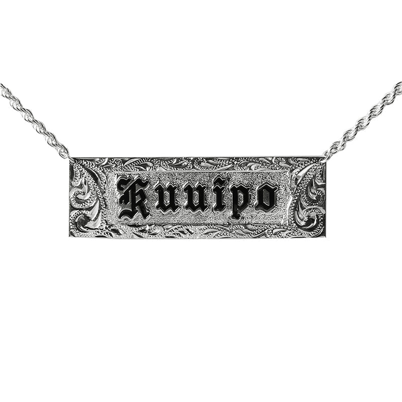 Sterling Silver Custom-Made ID Necklace Black Raise Letter with Scroll Engraving 20mm