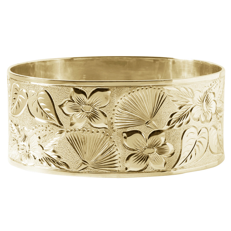 14K Gold Custom-Made Hawaiian Heirloom Bangle Hawaiian Flowers 32mm (Thickness 1.0mm)