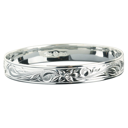 Sterling Silver Custom-Made Hawaiian Heirloom Bangle Plumeria King Scroll Raise Letter Smooth Edge (Heavy 1.75)