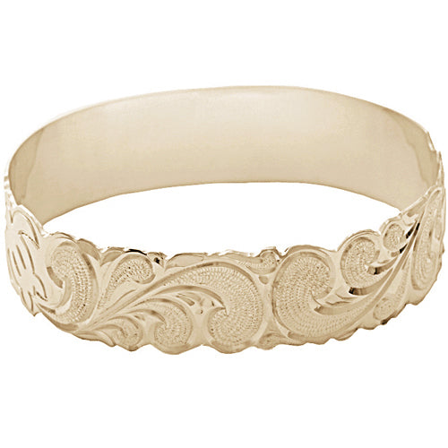 14K Gold Custom-Made Honu (Turtle) Queen Scroll Raise Letter Cut Out Bangle (Thickness 1.25mm)