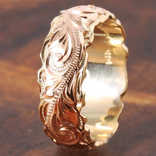 14K PG/YG Plumeria Scroll Hawaiian Heirloom Ring Cut Out Edge Double Ring