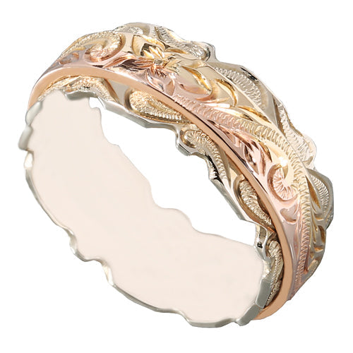 14K Tri-Color Gold Custom-Made Hawaiian Scroll Engraving Double Cut Out Edge Ring