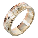 14K Tri-Color Gold Custom-Made Plumeria Hawaiian Scroll Engraving Smooth Edge Ring (Thickness 1.5mm)