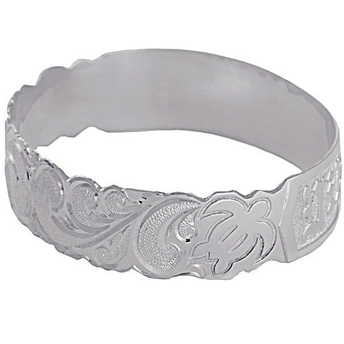 Sterling Silver Custom-Made Honu (Turtle) Queen Scroll Raise Letter Cut Out Edge Bangle (Heavy 1.75)