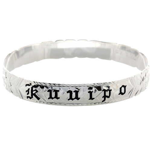 Sterling Silver Custom-Made Plumeria King Scroll Black Enamel Letter Cut Out Edge Bangle (Heavy 1.75)