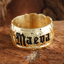 14K Yellow Gold Custom-Made Plumeria Scroll with Black Enamel Letter Cut Out Edge Ring (Thickness 1.5mm)