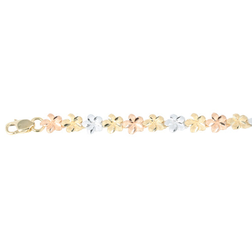 14K Tri-Color Gold Plumeria Link Bracelet Sandblast Polish Edge 5mm