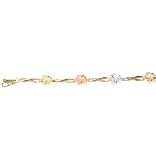 14K Tri-Color Gold Plumeria Twist Bar Bracelet Sandblast Polish Edge