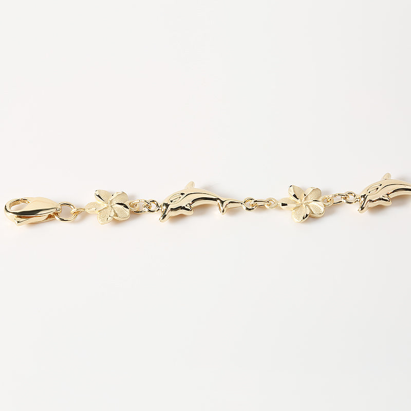 14K Yellow Gold 3D Dolphin and Plumeria Bracelet