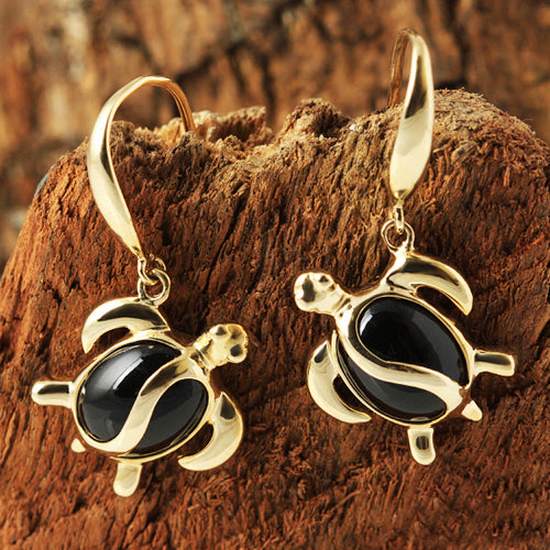 Yellow Gold Black Coral Inlaid Honu(Hawaiian Turtle) Hook Earring