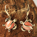 Yellow Gold Pink Coral Inlaid Honu(Hawaiian Turtle) Hook Earring