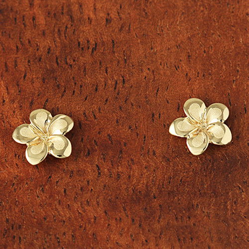 14K Yellow Gold Plumeria Post Earrings Sandblast Polish Edge (XS/S/M)