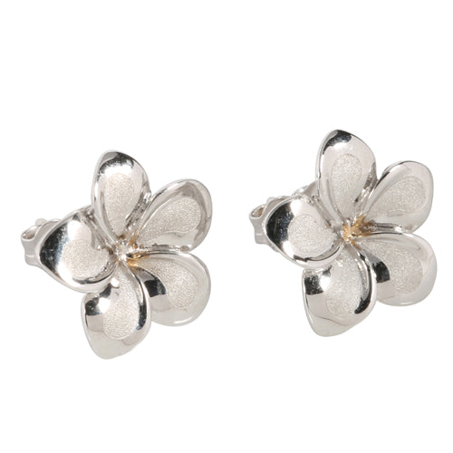 14K White Gold Plumeria Post Earrings Sandblast Polish Edge (XS/S)