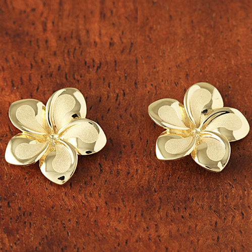 14K Yellow Gold Plumeria Post Earrings Sandblast Polish Edge (XS/S/M)