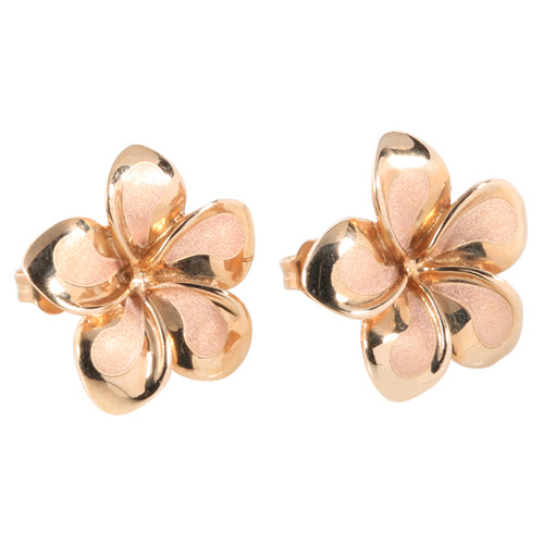 14K Pink Gold Plumeria Post Earrings Sandblast Polish Edge (XS/S/M)