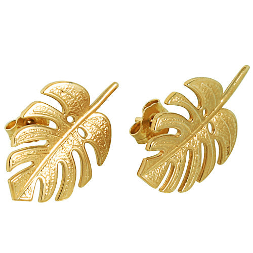 14K Yellow Gold Monstera Leaf Post Earrings