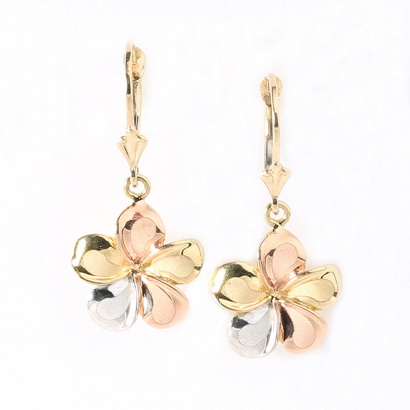 14K Tri-Color Gold Plumeria Lever Back Earrings (10.5mm-16mm)