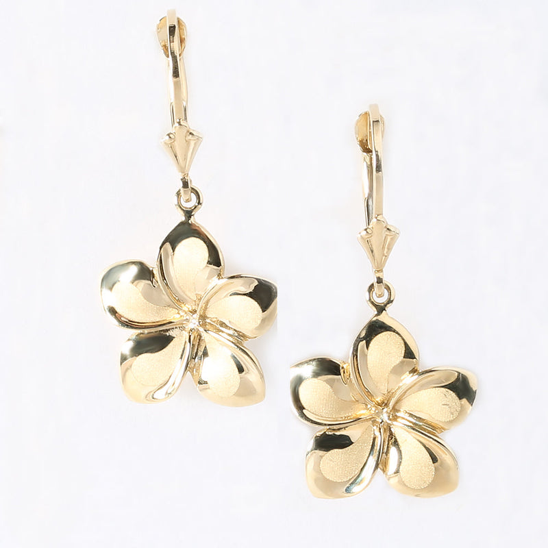 14K Yellow Gold Plumeria Lever Back Earrings (8.5mm-15.5mm)