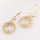 14K Yellow Gold Wave in Paved CZ Inlaid Circle Lever Back Earrings