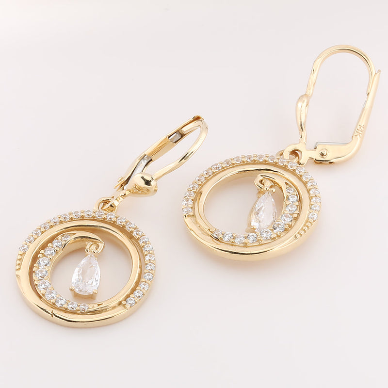 14K Yellow Gold Wave in Paved CZ Inlaid Circle Lever Back Earrings