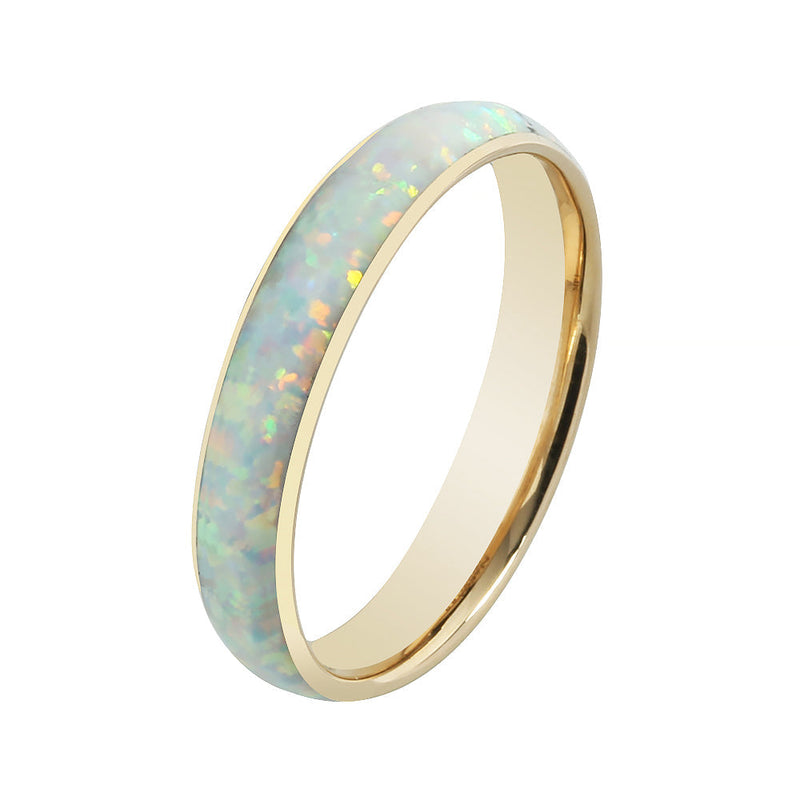 14 Karat Yellow Gold White Opal Ring Barrel Shape 4mm