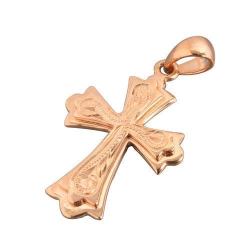 14K Pink Gold Hawaiian Scroll Raised Cross Pendant (Chain Sold Separately)