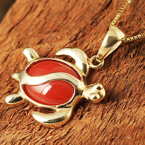 Yellow Gold Red Coral Inlaid Honu(Hawaiian Turtle) Pendant