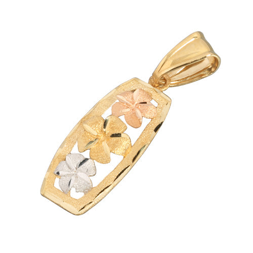 14K Tri-Color Gold Three Plumeria Vertical Pendant (S/L) (Chain Sold Separately)