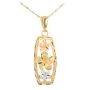 14K Tri-Color Gold Three Plumeria Vertical Pendant (S/L) (Chain Sold Separately)