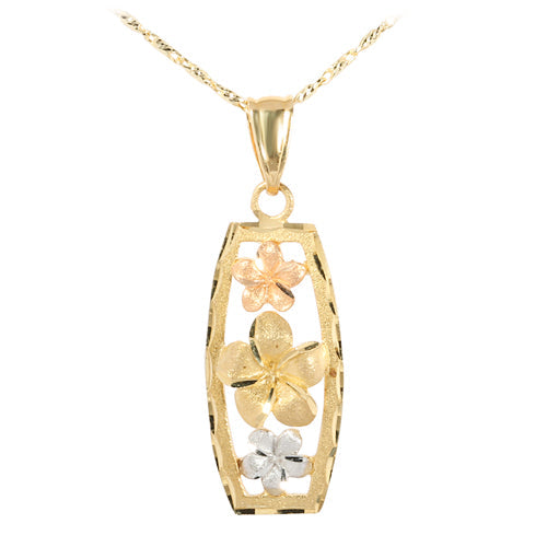 14K Tri-Color Gold Three Plumeria Vertical Pendant (S/L) (Chain Sold Separately)